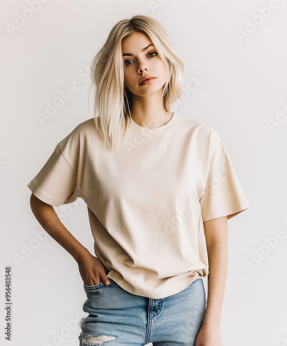 Blank Beige T-Shirt Mockup on Stylish Woman with Blonde Hair and Jeans 