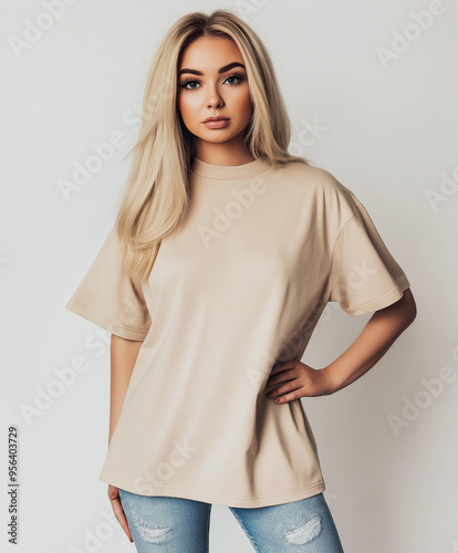 Blank Beige T-Shirt Mockup on Stylish Woman with Blonde Hair and Jeans 