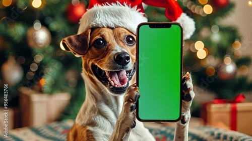 festive Christmas puppy dog in Santa hat holding smartphone with green chroma key screen, on festive Christmas tree lights background, new year sale promotions, app advertisements and holiday discount