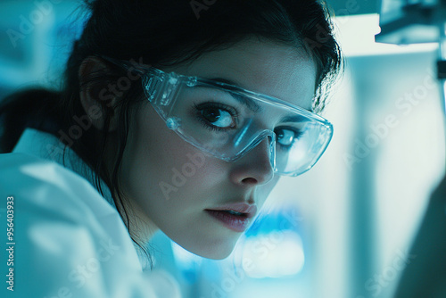 Close-up of a beautiful female scientist doing experiments with test tubes in a laboratory, wearing transparent glasses