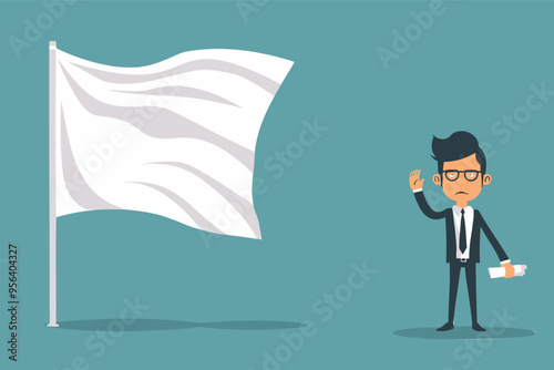 Sad Businessman Waving White Flag, Surrendering and Giving Up on Failed Business Venture