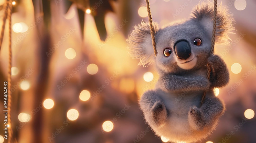 Koala's Golden Hour Swing: An adorable koala enjoys a peaceful swing amidst twinkling lights, evoking warmth and tranquility. Koala's Golden Hour Swing: An adorable koala enjoys a peaceful swing amidst twinkling lights, evoking warmth and tranquility.