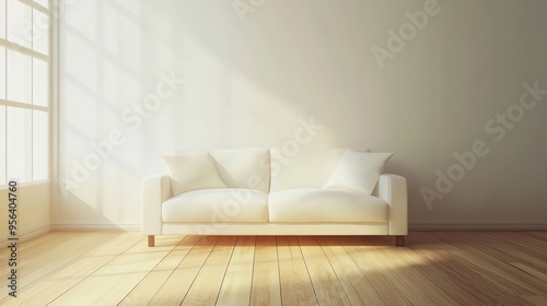 A white sofa placed on wooden parquet flooring, highlighting a minimalist Scandinavian design in the modern living room.