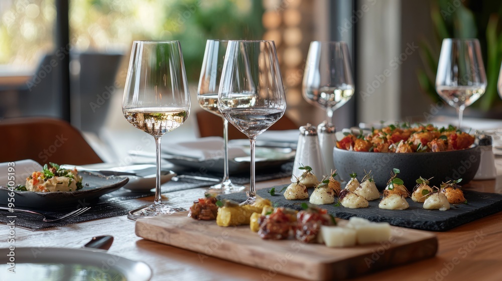 White Wine Glasses. Fine Dining. Starter Appetizers Canapé Hors d'oeuvre Amuse-gueule Antipasto. Elegant Table Setting. White Wine Glasses. Fine Dining. Starter Appetizers Canapé Hors d'oeuvre Amuse-gueule Antipasto. Elegant Table Setting.