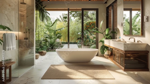 Tranquil Oasis. Serene Zen-inspired bathroom with bamboo accents photo