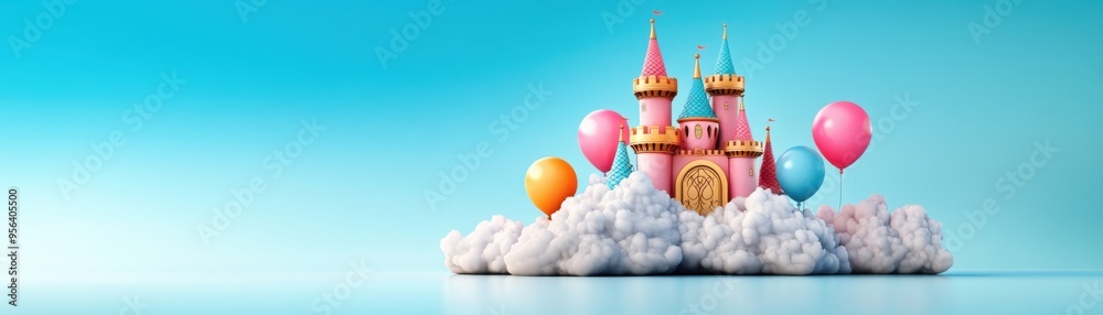 Fototapeta premium Enchanted Floating Castle in the Clouds - Digital 3D Illustration with Magical Surroundings