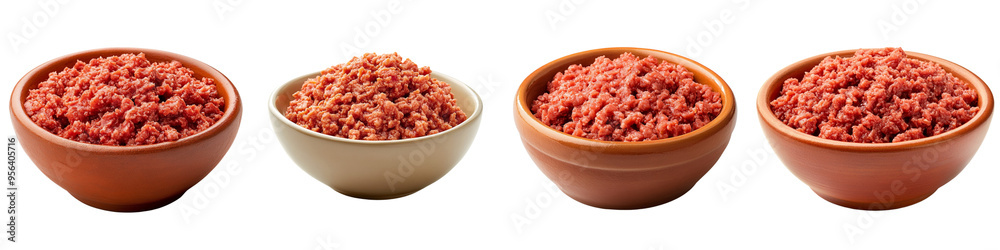set of A Minced meat in a bowl close-up on a transparent background set of A Minced meat in a bowl close-up on a transparent background