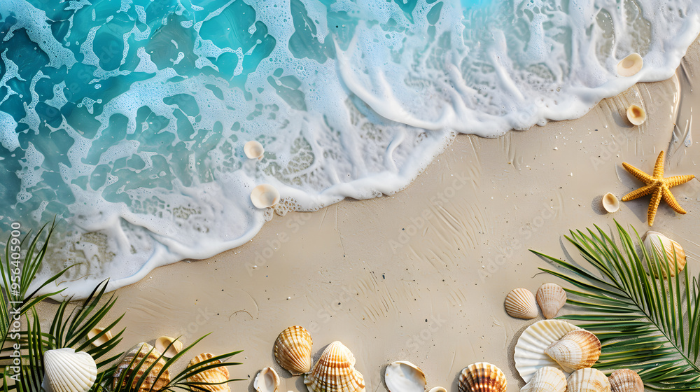 Fototapeta premium Azure coast of the ocean with palm trees, sand, surf and shells. AI Generated