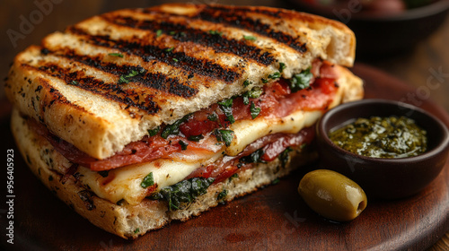 Panini Perfection: A warm, toasted panini filled with Italian meats, cheese, and vegetables, served with a side of olives.