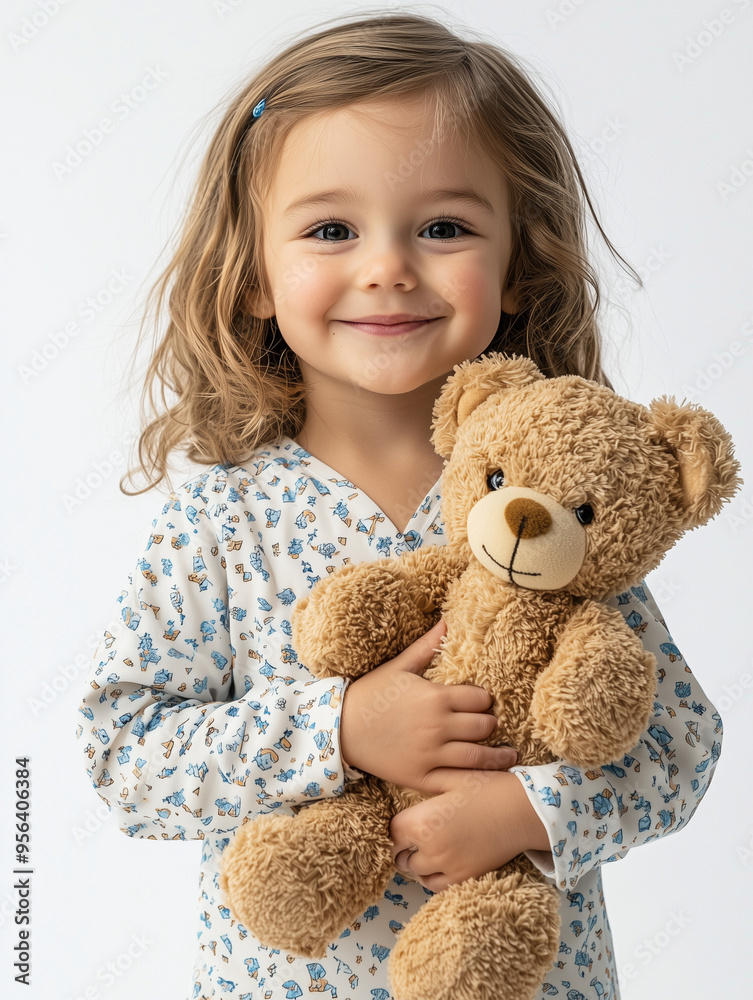 A young child holding a teddy bear, wearing pajamas and smiling, isolated on a white background A young child holding a teddy bear, wearing pajamas and smiling, isolated on a white background