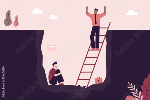 Winner and loser. Ambition successful businessman climbed out of the hole using stairs. Sad unsuccessful entrepreneur sits in hole of debt. Give up, bankruptcy.