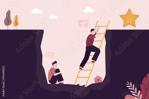 Winner and loser. Ambition successful businessman climbed out of the hole to target star. Sad unsuccessful entrepreneur sits in hole of debt. Give up, bankruptcy.
