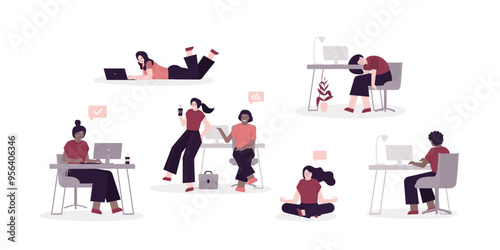 Set of office people working at workplace. Businesswomen sitting on chairs, white collar workers, workspace. Multiethnic female employees in various poses. Workflow, burnou