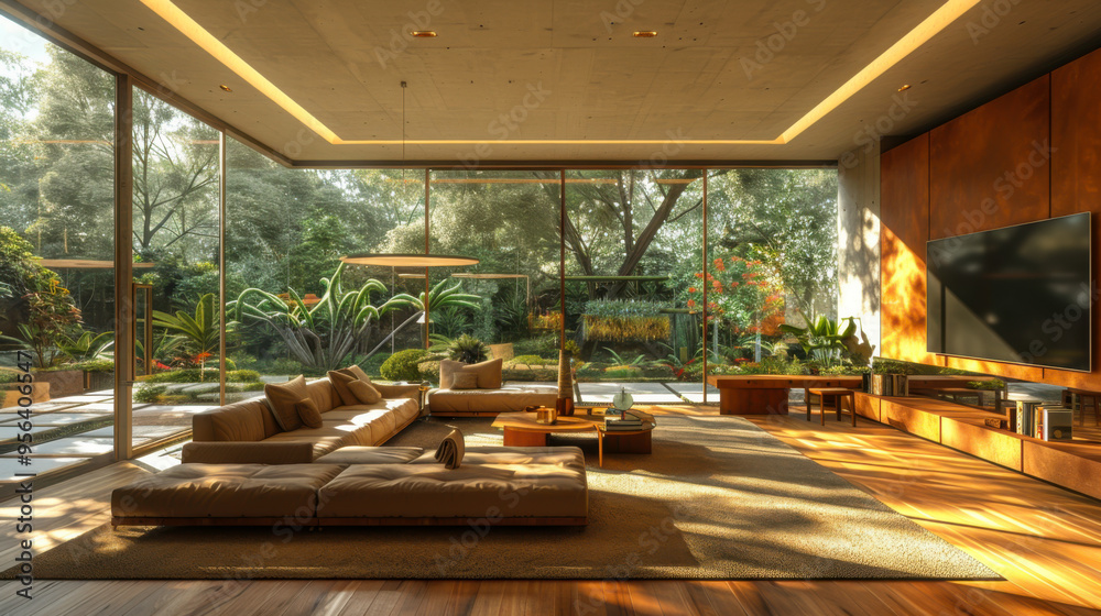 Fototapeta premium Luxury Farmhouse Living Room with Rustic Furniture and Abundant Sunlight