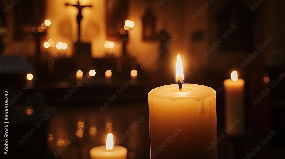 Candles in a Church Setting: Spiritual Reflection and Prayer with Candles Lit in a Church Setting Featuring Altar and Crucifix Candles in a Church Setting: Spiritual Reflection and Prayer with Candles Lit in a Church Setting Featuring Altar and Crucifix