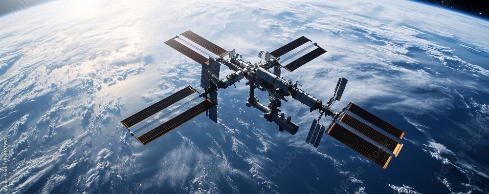 The international space station orbits earth, with its solar panels ...