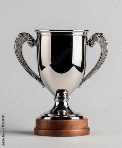 Silver trophy cup for championship intricate handles placed on wooden pedestal detailed engraving traditional award for winner silver and brown palette soft light highlighting details prize for compet