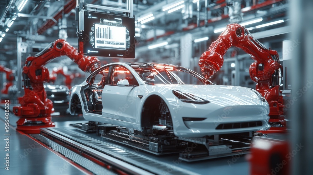 Car factory with two red industrial robots and a futuristic hologram that displays. Car factory with two red industrial robots and a futuristic hologram that displays.