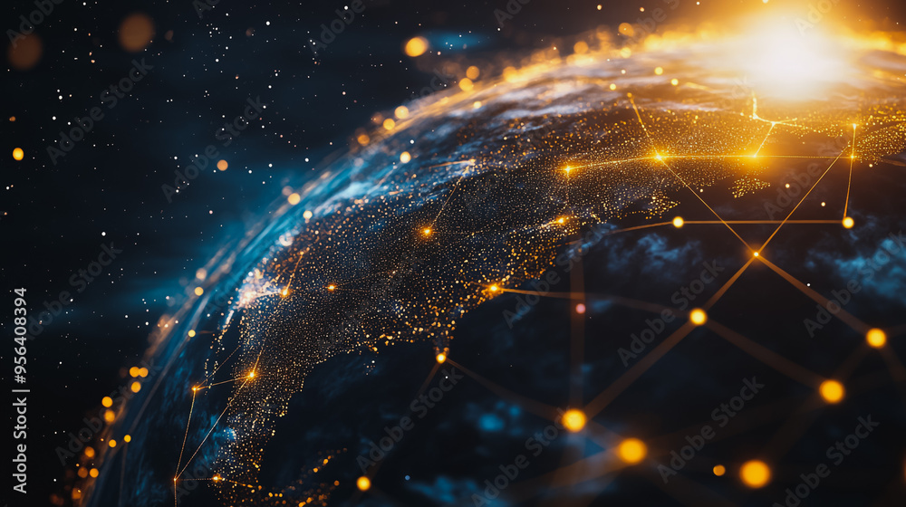 Obraz premium Abstract colorful business connection of lines from nodes It is connected to endless nodes and represents the innovation of communication cyber security in the network with black background 