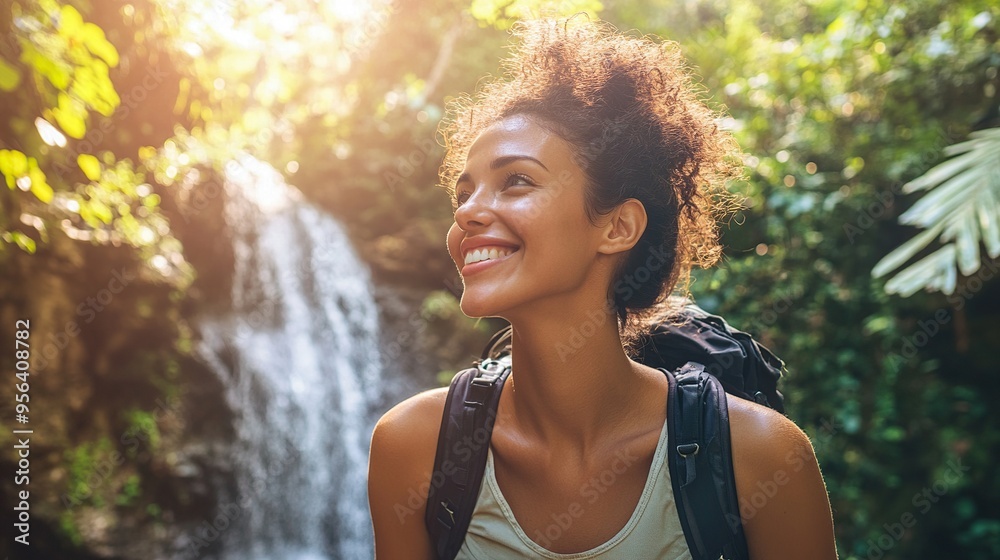 Confident sportswoman hiking with a smile, small waterfall nearby, soft sunlight reflecting on water, nature's tranquility Confident sportswoman hiking with a smile, small waterfall nearby, soft sunlight reflecting on water, nature's tranquility