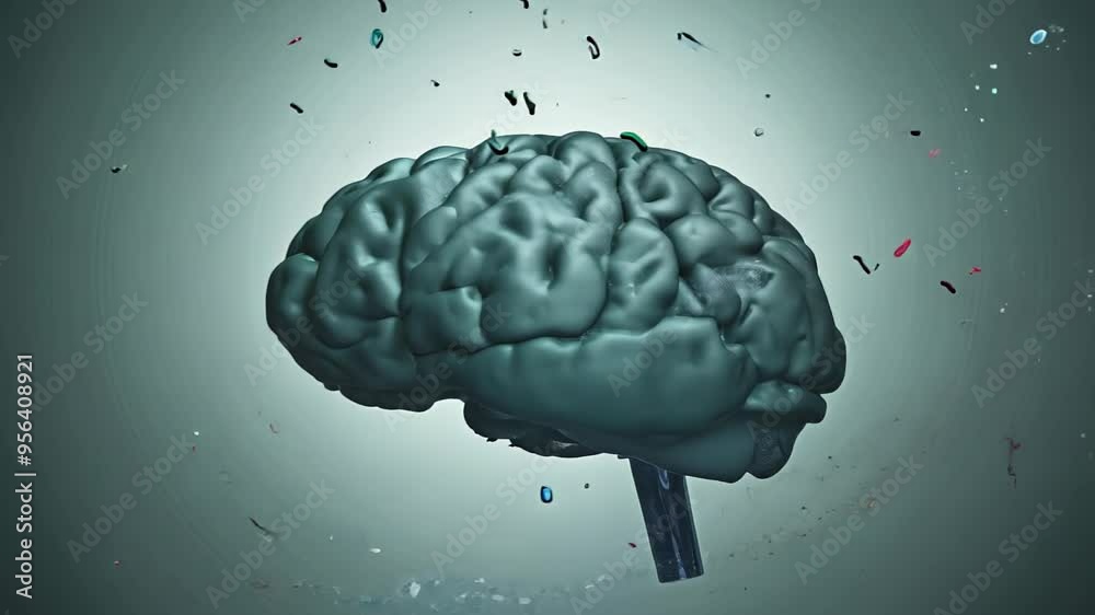human brain surrounded by floating particles representing microplastic ...