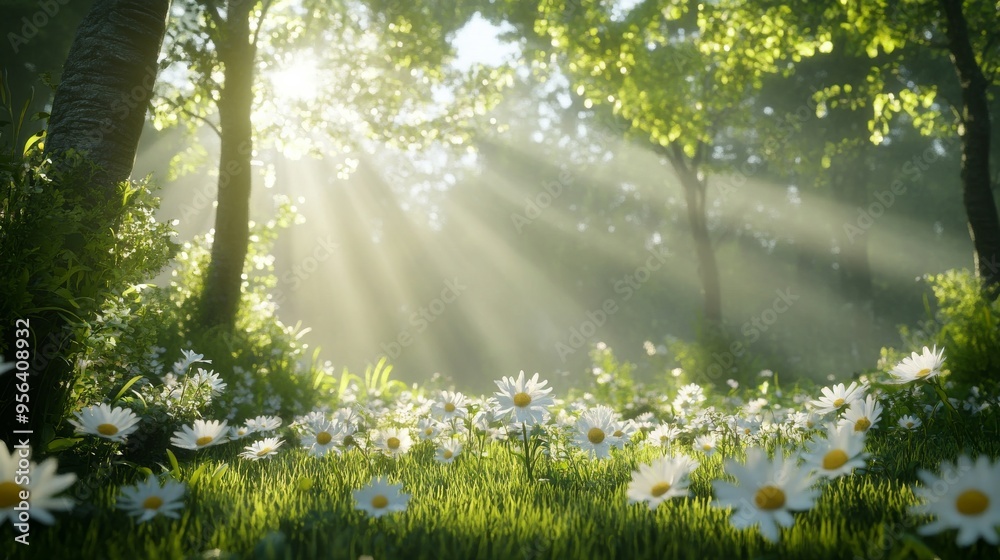 Fototapeta premium Beautiful sunlight shining through the trees in an enchanted forest, illuminating daisies and grass on a green meadow, creating a magical atmosphere.