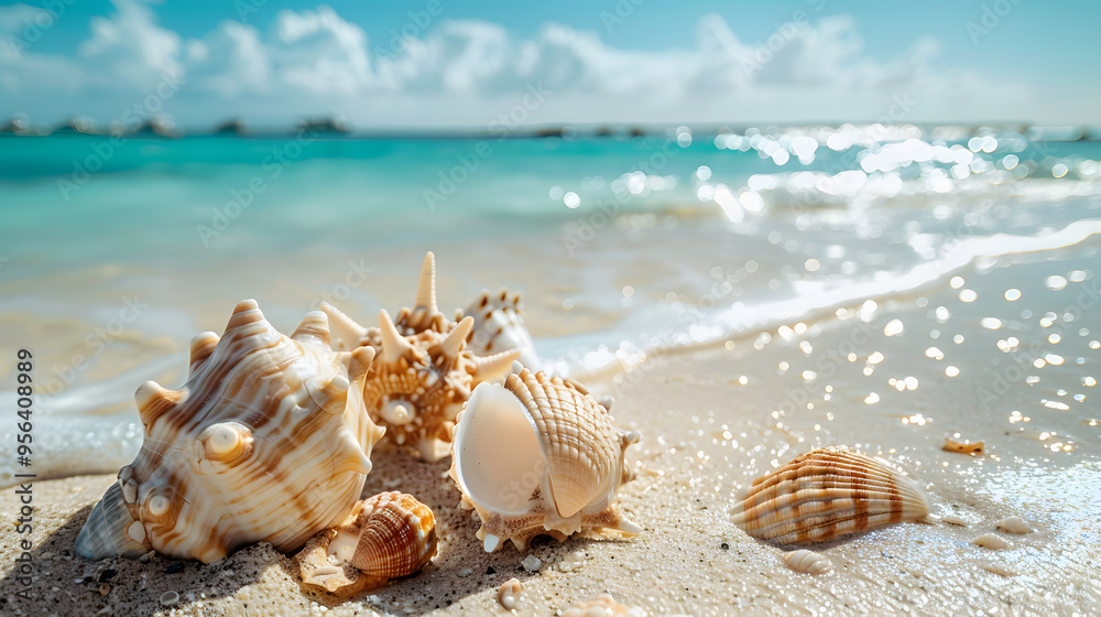 Azure coast of the ocean with palm trees, sand, surf and shells. AI Generated Azure coast of the ocean with palm trees, sand, surf and shells. AI Generated