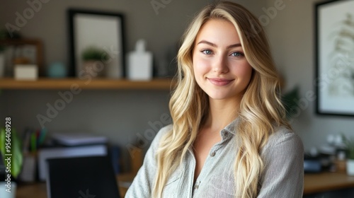 stunning blonde woman standing in a home office, smiling at the camera. She is dressed in casual 