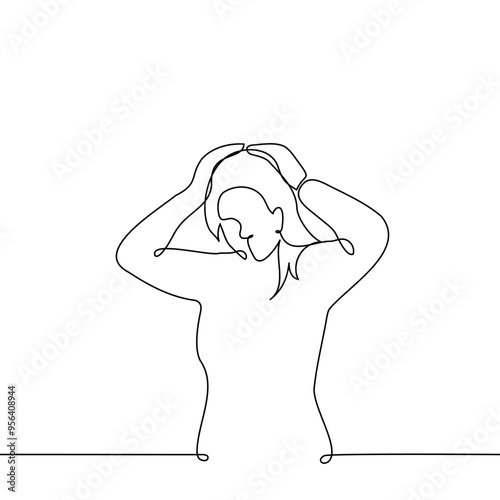 woman grabbed her own head - one line art vector. concept terrible discovery, confused, cringe, grab head