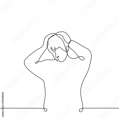 man grabbed his own head - one line art vector. concept terrible discovery, confused, cringe, grab head