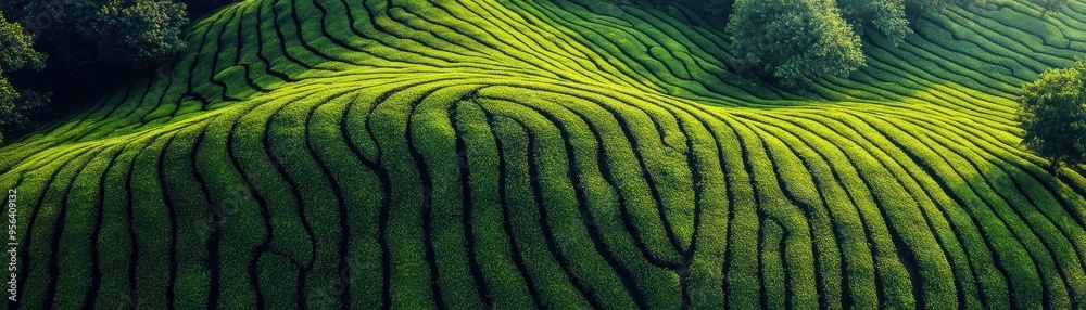 Aerial View of Lush Green Tea Plantation Hills with Curved Rows and Trees in the Background Aerial View of Lush Green Tea Plantation Hills with Curved Rows and Trees in the Background