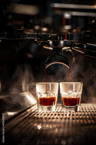 Espresso machine brewing coffee into a glass.