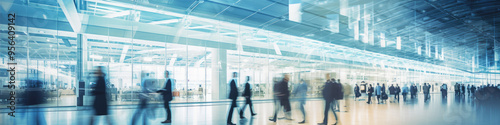 Blurred business people in windows interior. Strolling at an expo conference hall, demonstrating motion speed blur,