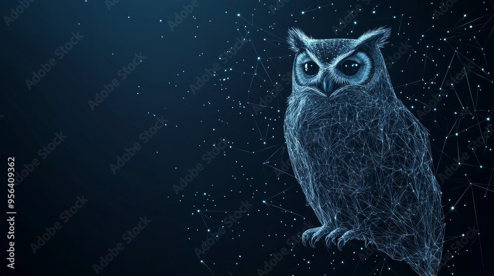 Owl isolated in a low-poly wireframe on a dark background. A wild bird of prey depicted as a vector polygonal image, resembling a starry sky or cosmic scene with points, lines, and shapes in the form Owl isolated in a low-poly wireframe on a dark background. A wild bird of prey depicted as a vector polygonal image, resembling a starry sky or cosmic scene with points, lines, and shapes in the form