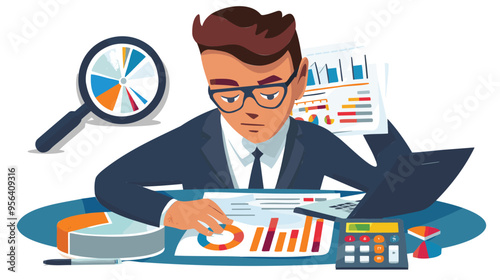 Smart Businessman Analyzing Cost Charts with Magnifying Glass and Calculator for Expense Management