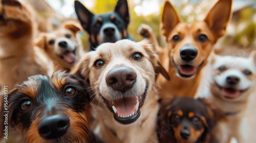 Obraz Kilka psów uśmiechających się do aparatu, robiących sobie selfie na tle delikatnie rozmytym. Ich wesołe wyrazy twarzy tworzą zabawny i przyciągający obrazek.