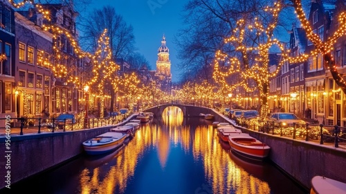 Amsterdam Netherlands canals with Christmas lights during December, canal historical center of Amsterdam at night. Europe 