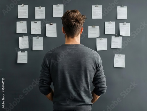 Entrepreneur reviewing a business plan with a focus on company milestones and goals