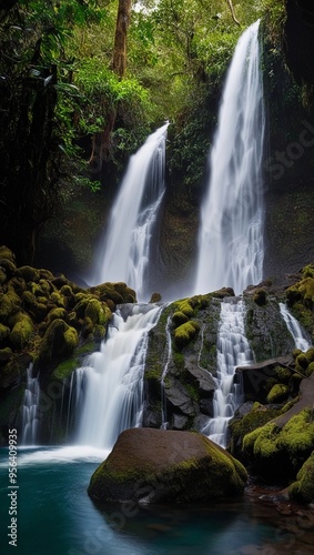 A waterfall in a dense rainforest surrounded by lush vegetation and moss