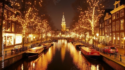 Amsterdam Netherlands canals with Christmas lights during December, canal historical center of Amsterdam at night. Europe 