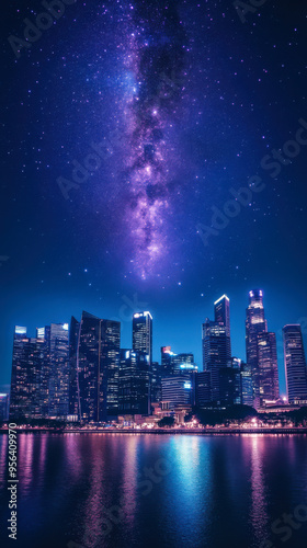 Milky way galaxy with stars and space dust in the universe over the night city