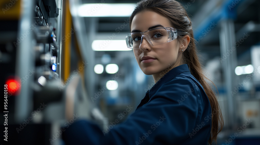 Obraz premium Kobieta z pewnością siebie obsługująca zaawansowane maszyny w nowoczesnym zakładzie produkcyjnym motoryzacyjnym.