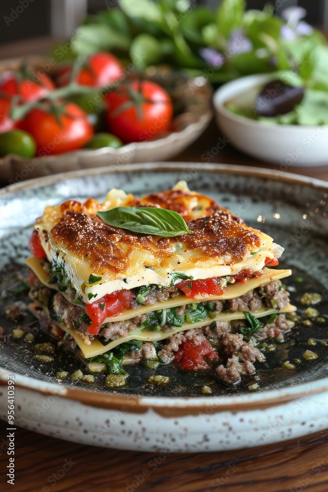 Delicious lasagna with spinach, meat, tomato sauce in white ceramic plate on wooden table. Delicious lasagna with spinach, meat, tomato sauce in white ceramic plate on wooden table.