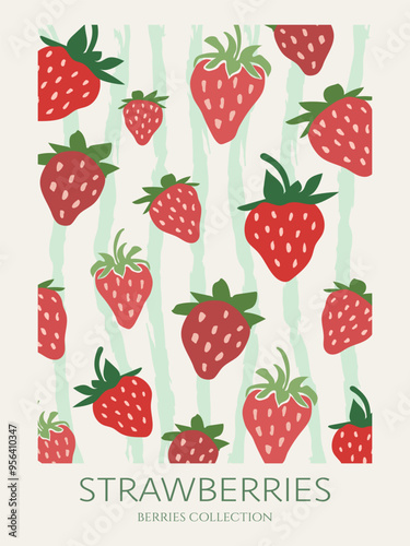 Strawberry print on green lined background. Aesthetic retro summer berries print for different purposes.