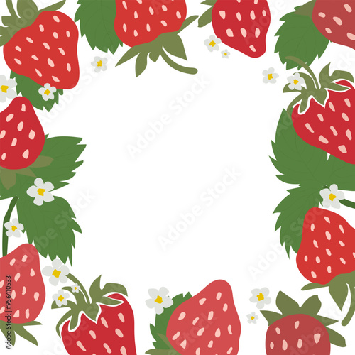 Square frame of strawberry composition in doodle style. Cute groovy strawberries with empty space for text.