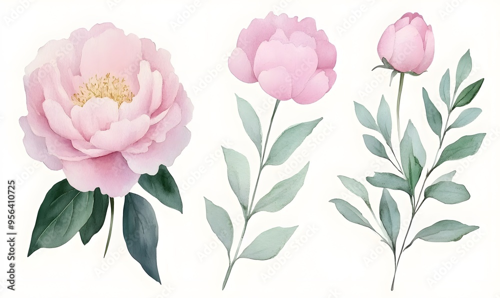 Beautiful watercolor pink peonies and leaves collection, Generative AI Beautiful watercolor pink peonies and leaves collection, Generative AI
