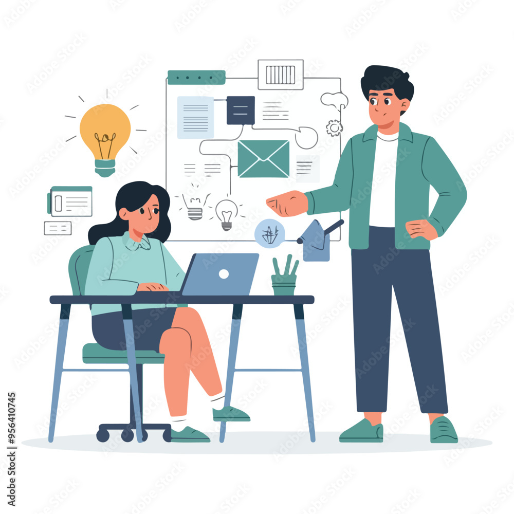 Brainstorming and generating ideas. Work in a creative team illustration Brainstorming and generating ideas. Work in a creative team illustration