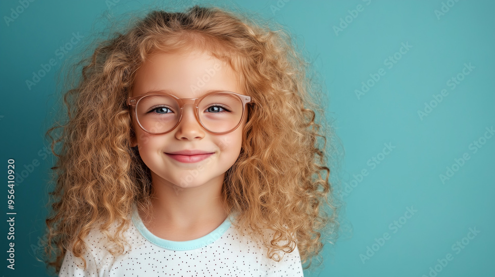 Uśmiechnięta mała dziewczynka z kręconymi blond włosami i dużymi okularami, na tle jednolitego koloru. Uśmiechnięta mała dziewczynka z kręconymi blond włosami i dużymi okularami, na tle jednolitego koloru.