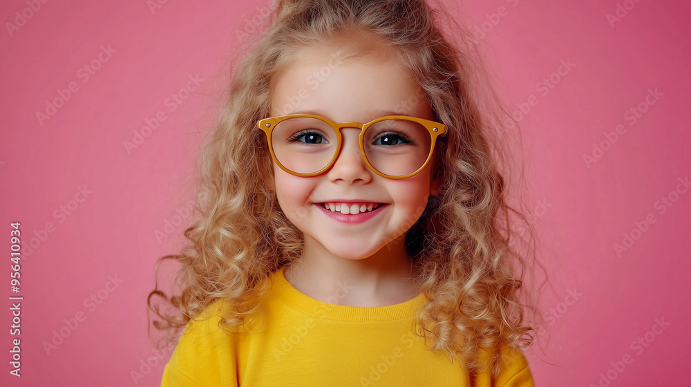 Uśmiechnięta mała dziewczynka z kręconymi blond włosami i dużymi okularami, na tle jednolitego koloru. Uśmiechnięta mała dziewczynka z kręconymi blond włosami i dużymi okularami, na tle jednolitego koloru.