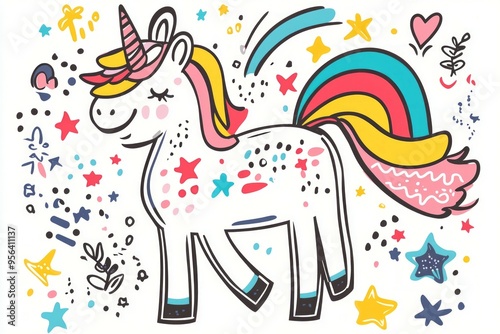 A cute and playful unicorn illustration for a children's book.